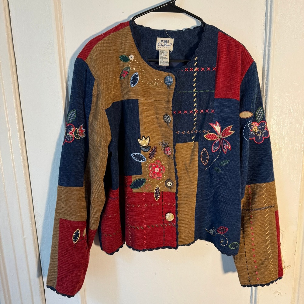 Koret City Blues Patchwork Jacket XL Floral Embroidery Corduroy Whimsical